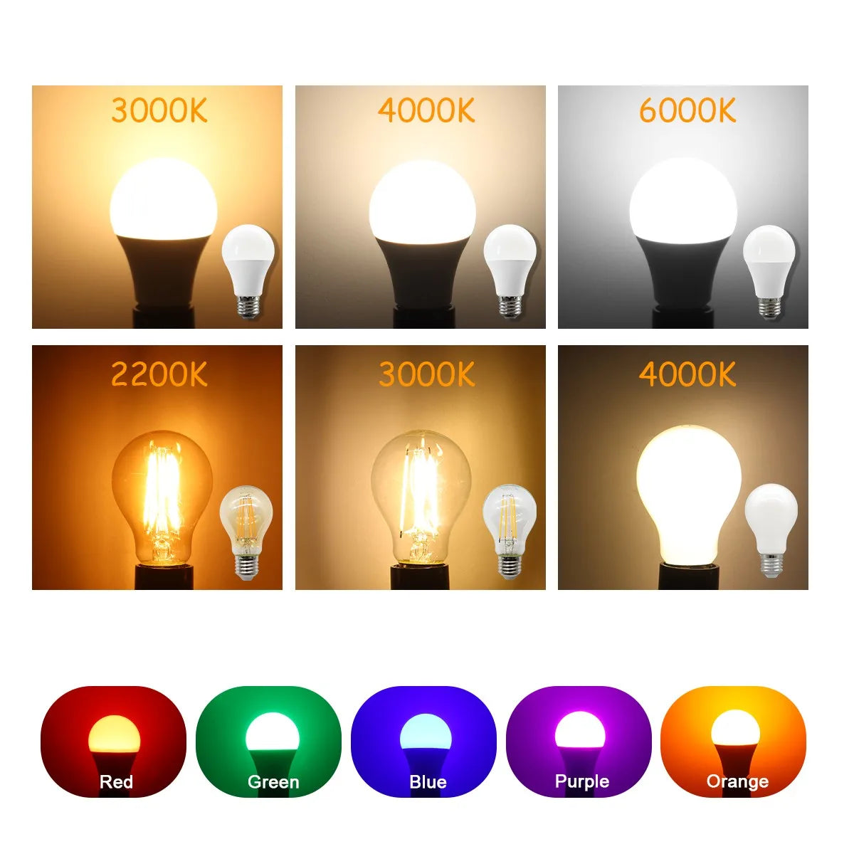 10 Lampadine LED E27 2200K 3000K 4000K 6000K AC100-240V Rosso Verde Illuminazione Colorata di Alta Qualità in Vetro PC per Arredamento Casa