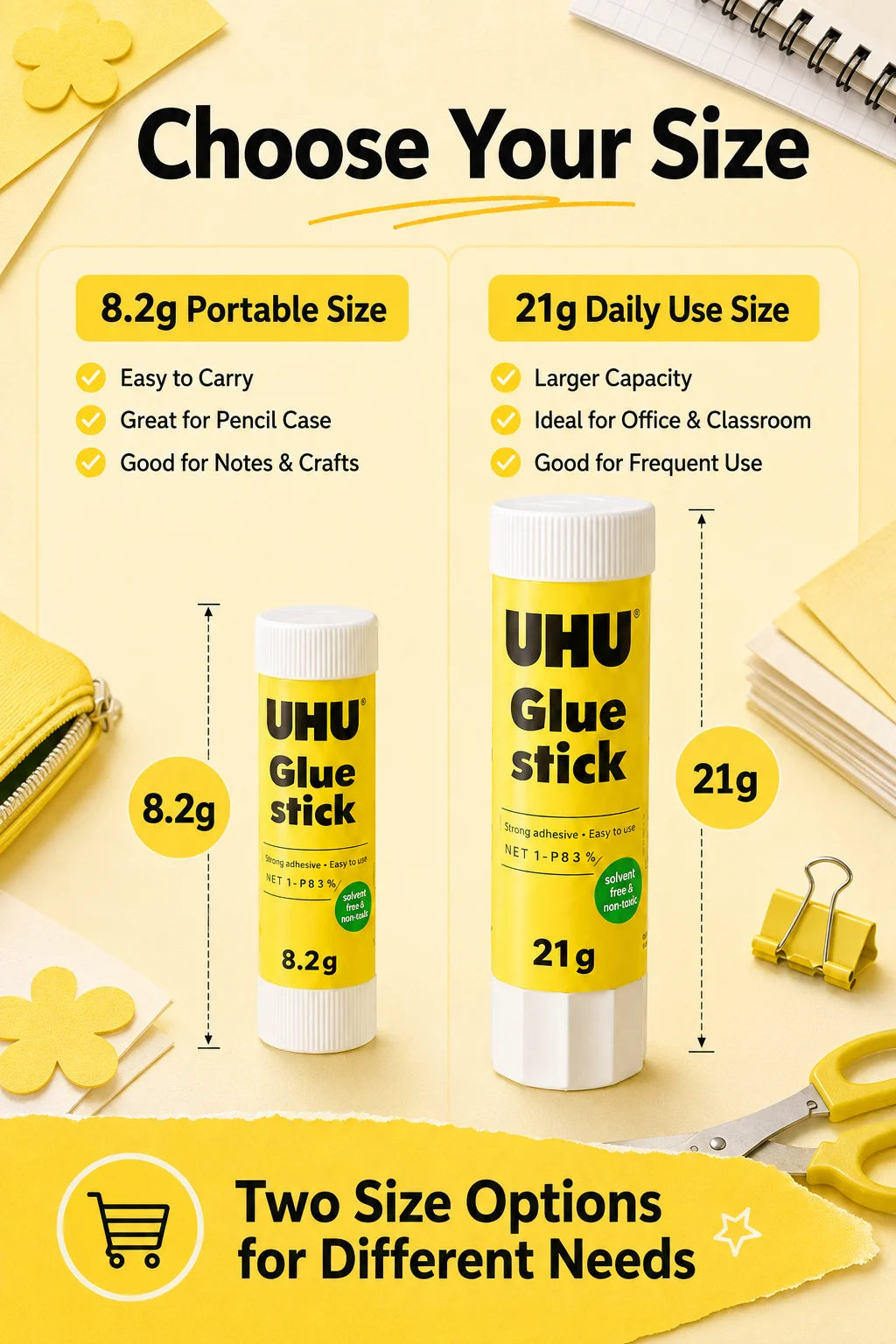 Colla stick UHU 8.2g 21g, colla solida forte, senza disordine, per scuola, ufficio, artigianato, carta.