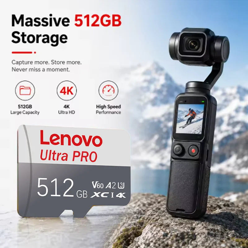 Scheda di memoria MicroSD ad alta velocità Lenovo, scheda TF, 1T, 128GB, 256GB, 512GB, classe A2, stabile, per registrazioni 4K, compatibile con DJI Pocket4 Action Cam.