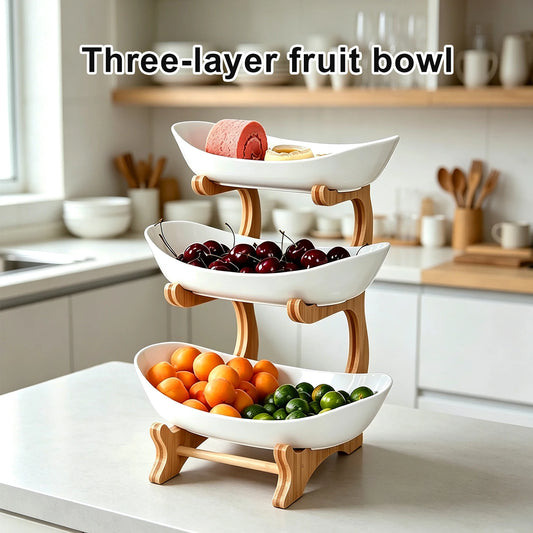 Portafrutta a 3 livelli, con ciotole in plastica rimovibili e supporto in bambù naturale, vassoio per frutta con bordo a petalo resistente agli urti, supporto verticale antiscivolo per conservare frutta, snack e verdure, org