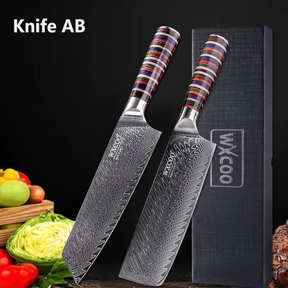 Coltelli da Cucina Professionali WXCOO in Acciaio Damascato con Scatola, Coltello Giapponese per Affettare, Coltello Domestico per Frutta e Verdura, Coltello da Disosso a 67 Strati