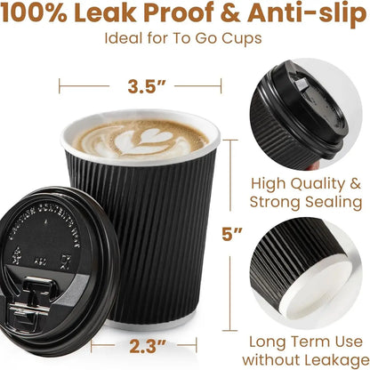 Tazze da caffè usa e getta nere da 12 OZ con coperchi Tazze ondulate a tripla parete per andare a caldo Bicchieri di carta isolati per bevande calde Home Office