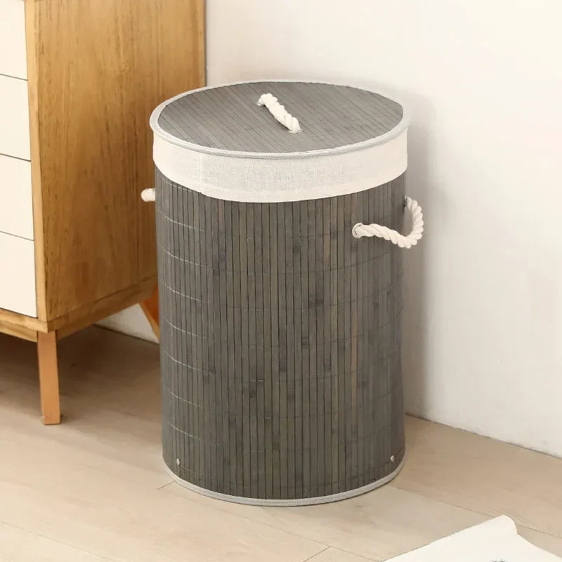 Cesto per Bucato Pieghevole di Grande Capacità, Contenitore in Bambù Rotondo per Organizzare Vestiti, Cesto Compatto per la Casa