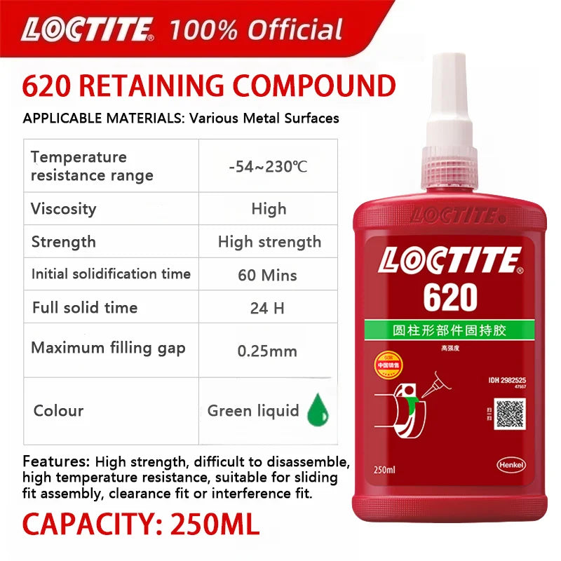 100% originale Loctite 620 composto di fissaggio sigillante anaerobico verde frenafiletti ad alta temperatura 50 ml/250 ml
