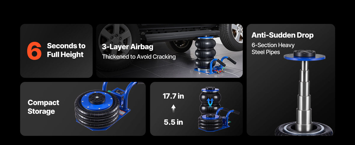 SucceBuy Martinetto pneumatico a tripla borsa, capacità di 3 tonnellate/6600 libbre, jack per auto pneumatici portatili, resistenti e sollevataggio rapido per la riparazione di auto da garage